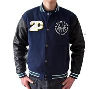 2chilly Veste d'hiver pour homme - Veste collège avec manches en cuir véritable - Body en laine - 2ème édition, Bleu marine/noir, M