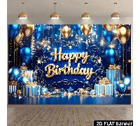 2D Fond de bannière thème anniversaire plat et heureux, thème d'anniversaire bleu marine et ton doré avec des ballons bleus et dorés, des boîtes-cadeaux rayées, des décorations d'étoiles scintillantes