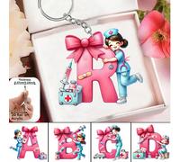 2D Plat A-Z Lettre Infirmière Dessin Animé Porte-clés, Motif Infirmière Pendentif, Charm de Sac, Accessoire Créatif, Porte-clés de Voiture, Convient pour les Infirmières, Médecins, Travailleurs Médica
