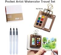 [2D Plat] Set de 6 mini aquarelles avec palette magnétique en bois, 3 pinceaux, 1 clip et carnet de croquis portable - Parfait pour la peinture à l'aquarelle en voyage, carnet de croquis portable , Se