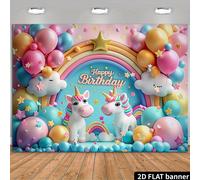 2D Toile de fond d'anniversaire plate, avec des licornes et des ballons arc-en-ciel, convient pour une bannière de fête, crée une atmosphère de célébration d'anniversaire charmante 100*150cm,210*150cm