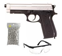 2EAGLE Pack Airsoft Pistolet modèle PT92 Bicolore à Ressort/matière: Plastique Haute résistance et Culasse métal/Puissance 0.5 Joule/livré avec Accessoires, Noir et argenté, 220 mm