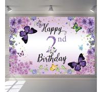 2ème anniversaire décoration fille, bannière joyeux 2ème anniversaire fleurs tissu panneau décoration de porte, bannière de fond 2e anniversaire, fête d'anniversaire signe de bienvenue, violet