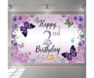 2ème anniversaire décoration fille, bannière joyeux 2ème anniversaire fleurs tissu panneau décoration de porte, bannière de fond 2e anniversaire, fête d'anniversaire signe de bienvenue, violet