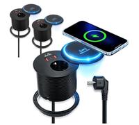 2er Prise Encastrable Plan de Travail avec Chargeur Sans Fil 15W, 4in1 Multiprise Plan de Travail avec USB-C PD 20W+USB-A QC Bloc Prise Escamotable pour Meubles, Cuisine, 90mm Diamètre Bureau 2M Câble