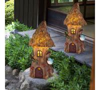 Maison de fée pour le jardin décoration solaire solaire pour jardin extérieur lampes solaires pour décoration extérieure figurine, cabane en tronc d'arbre, 1x LED blanc chaud, H 23 cm, lot de 2