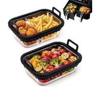 2er Set Plat Air Fryer - Plat Verre pour Cosori/Ninja AF400EU/DZ400EU/AF500EU, 1 compartimenté & 1 non compartimenté, avec anneau en silicone amovible et poignée