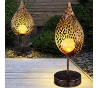 2er Set Solaire LED sur Pied Lampe Extérieur Cour Crackle Verre Goutte Feu Effet