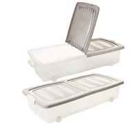2friends Brigitte Lot de 2 boîtes de rangement sous le lit avec roulettes, 80 x 40 x 17 cm (32 litres), couvercle divisé, avec fermetures à clip, transparent/sable, fabriqué en UE, modèle : Brigitte