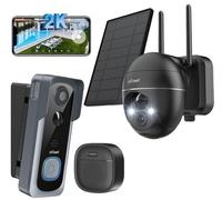 2K Caméra Surveillance et sonnette sans Fil WiFi Extérieure Solaire, Vision Nocturne, PIR, Sirène d'alarme, Audio Bidirectionnel