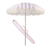 2m Parasol De Jardin À Franges De Parasol De Plage De Luxe Rétro De Rose Blanc Rayé, Surface De Parapluie En Polyester, Écran Solaire Résistant À L'usure, Ombrage Romantique Piscine Cour Bord De Mer