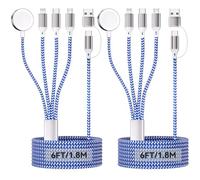 2Pack 4 en 2 Multiple Rapide Chargeur pour A pple Watch, 1.8M/6FT Câble Tressé Nylon USB A/C vers Port iOS/Type C/Micro USB/iWatch Compatible pour iWatch Ultra/SE/1-11/iPhone/iPad/AirPods/Galaxy