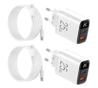2PACK Chargeur USB C 25W Affichage de Puissance 2 Ports Rapide Chargeur | avec USB C Cable 2M pour iPhone 17/16/15, pour Samsang Galaxy, Pad, PixeI