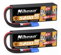 2Packs 3S Lipo Batterie Pack, Nihewo 11.1V RC Batterie 5200mAh 80C Hard Case Lipo Batteries EC5 connecteur Compatible avec Arrma 1/8 et 1/10 RC Voiture Camion Truggy véhicules citerne modèles d’Avion
