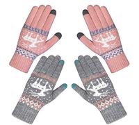 2paires Gants Femme Hiver Gants à Ecran Tactiles Tricotés Chaud Douce Motif de Elaphurus Mignon - gris/rose - Taille unique