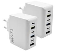 2PC 120W Chargeur USB C Multiple 6 Ports USB A et USB C Ultra Rapide PD QC | Mural Adaptateur Secteur Charge Rapide pour iPhone 16/15/14/13/Pro Max/Samsung S22/S21 S20 Tablet Handy Laptop