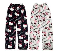 2PC Bas De Pyjama Femme, Pantalon Pyjama Femme Flanelle Polaire Chaud et Doux Confort Cartoon Chat Anime Imprimé Kawaii Mode Décontracté Maison Lounge Pantalons pour Halloween et Noël