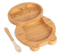 2pc Beige Manchot Ensemble Assiette et Fourchette de Sevrage pour Bébé en Bambou - Bois Divisé Enfants Nourriture Alimentation Plateau - Silicone Ventouse - Par Tiny Dining