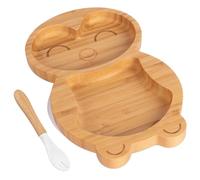2pc Blanc Manchot Ensemble Assiette et Fourchette de Sevrage pour Bébé en Bambou - Bois Divisé Enfants Nourriture Alimentation Plateau - Silicone Ventouse - Par Tiny Dining