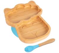 2pc Bleu Lama Ensemble Assiette et Fourchette de Sevrage pour Bébé en Bambou - Bois Divisé Enfants Nourriture Alimentation Plateau - Silicone Ventouse - Par Tiny Dining