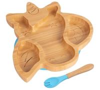 2pc Bleu Licorne Ensemble Assiette et Fourchette de Sevrage pour Bébé en Bambou - Bois Divisé Enfants Nourriture Alimentation Plateau - Silicone Ventouse - Par Tiny Dining