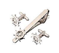 2pc Funny Rudder Shaped Cufflinks&Tie Clip Set Classic Ship Steering Wheel Design Jewelry