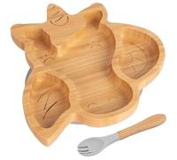 2pc Gris Licorne Ensemble Assiette et Fourchette de Sevrage pour Bébé en Bambou - Bois Divisé Enfants Nourriture Alimentation Plateau - Silicone Ventouse - Par Tiny Dining