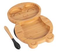 2pc Noir Manchot Ensemble Assiette et Fourchette de Sevrage pour Bébé en Bambou - Bois Divisé Enfants Nourriture Alimentation Plateau - Silicone Ventouse - Par Tiny Dining