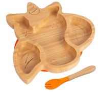 2pc Orange Licorne Ensemble Assiette et Fourchette de Sevrage pour Bébé en Bambou - Bois Divisé Enfants Nourriture Alimentation Plateau - Silicone Ventouse - Par Tiny Dining