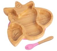 2pc Rose Licorne Ensemble Assiette et Fourchette de Sevrage pour Bébé en Bambou - Bois Divisé Enfants Nourriture Alimentation Plateau - Silicone Ventouse - Par Tiny Dining