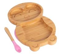 2pc Rose Manchot Ensemble Assiette et Fourchette de Sevrage pour Bébé en Bambou - Bois Divisé Enfants Nourriture Alimentation Plateau - Silicone Ventouse - Par Tiny Dining