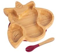 2pc Rouge Licorne Ensemble Assiette et Fourchette de Sevrage pour Bébé en Bambou - Bois Divisé Enfants Nourriture Alimentation Plateau - Silicone Ventouse - Par Tiny Dining