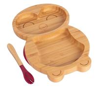 2pc Rouge Manchot Ensemble Assiette et Fourchette de Sevrage pour Bébé en Bambou - Bois Divisé Enfants Nourriture Alimentation Plateau - Silicone Ventouse - Par Tiny Dining