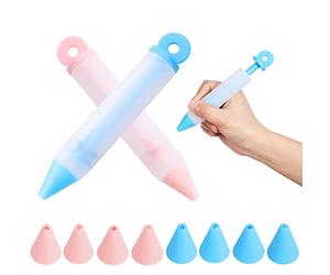 2pc Stylo à Ecrire en Silicone Crème, Seringue GâTeau Stylo Glacage Patisserie Stylo GâTeau Seringues à PâTisserie gâteau Stylo decoratrice avec 8 Douilles, Pour La DéCoration De GâTeaux et Desserts