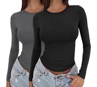 2PC Thermique Maillot Femme Manches Longues Hiver Top Basic Élégant Curvy T-shirts Manches Longues Couleur Unie Thermique Automne Maillots Col Rond Élastique Y2k Grande Taille T Shirt Doux Sport, L