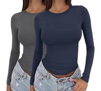 2PC Thermique Maillot Femme Manches Longues Hiver Top Basic Élégant Curvy T-shirts Manches Longues Couleur Unie Thermique Automne Maillots Col Rond Élastique Y2k Grande Taille T Shirt Doux Sport, D