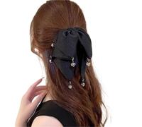 2pc Women's Elegant Hair Clip Popular Satin Bow With Diamond Set Half Tie Low Ponytail Lazy Accessories(Black A)