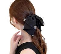 2pc Women's Elegant Hair Clip Popular Satin Bow With Diamond Set Half Tie Low Ponytail Lazy Accessories(Black B)