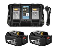 2Pcs 18V 5,0Ah BL1850 Batterie de Rechange pour Maki-ta 18V Batterie BL1850 BL1840 BL1860 + Chargeur Double Port de Remplacement pour Maki-ta Chargeur DC18RD DC18RC (Blanc et Bleu)