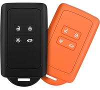 2pcs Accessoire Clé De Voiture Compatible Avec Renault Smart Key 4-Bouton,Coque En Silicone Souple Avec Embout Porte-Clé-Pour Clio/Espace 5 / Master Bus/Talisman/Megane Usw (Noir+Orange)