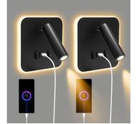 2PCS Applique Murale Interieur LED, Liseuse de Chevet avec interrupteur, port de charge USB, Rotation à 360°Liseuses Murales noir