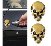 2PCS Autocollant Crâne Alliage de Métal Zinc 3D Auto Moto Crâne Badge Emblem Car Styling Autocollants Accessoires (Golden)