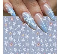 2pcs Autocollants d'ongles 5D Plage Tropicale, Tortue 3D Mignonne, Étoile de Mer et Hibiscus Design, Décalcomanies d'ongles Auto-adhésives, Décoration d'art d'ongles Style Vacances d'été PlantesPET