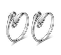 2Pcs Bague ouverte en argent avec mains serrées - Réglable Vintage étreignant Les Mains Bague Ajustable en Argent Sterling Donnez-Moi Une Bague de câlin en Love annea ux de câlin Open Ring Bijoux