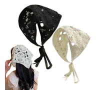 2pcs bandana bandeau de bande respirant crochet bandana tricot têtes écharpe avec des cravates hallow floral vintage têtes kerchief pour filles accessoires de cheveux noirs & beige, bandeau