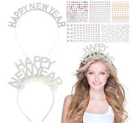 2pcs Bandeaux de Nouvel An Serre-tête Happy New Year Brillants et Autocollants Stickers Strass Paillettes Étoile Cœur Lune Rond Décoration Accessoire de Coiffure pour Fête Réveillon de Nouvel An