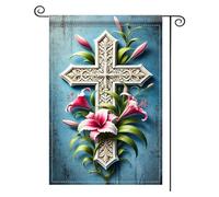 2Pcs Bannière Croix Sculptée Et Lys Roses Christianisme Drapeau De Cour | 30X45Cm Drapeau De Jardin Éclatantes Double Face Bannière Cour Pour Porte Plage