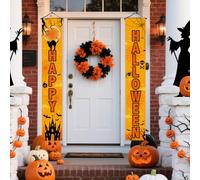 2pcs Bannières de Porte Joyeux Halloween, Décoration d'Halloween à avec Motif Araignée Chat Noir et Château Panneau Porche de Festival Fête pour Porte d'Entrée Mur Intérieur ou Extérieur