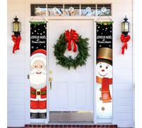 2pcs Bannières de Porte Joyeux Noël Noir Banderole Bonne Année 180x30cm Porche Bannière Suspendu père Noël Bonhomme Flocon de Neige Cloche Étoile Décoration pour Maison Extérieur Fête Noël Nouvel An