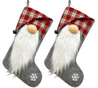 2pcs Bas de Noël, 17.7x7.87inch Barbe Plaid Rouge Gris Poupée sans visage Bas de Noël Rudolph Print Bas de Noël Chaussette Sac Cadeau Pendentif Stocki